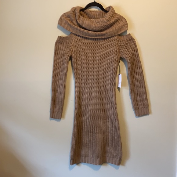 Active USA Knit Cowl Neck Cold Shoulder W/Long Sleeve Sweater Dress In Taupe - Picture 2 of 10